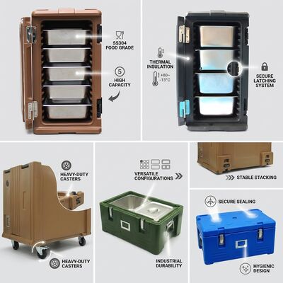 Front-Loading Insulated Food Carrier 120L Tall Cabinet Eight GN Pans Fold-Flat Door Four Casters 610x420x800mm